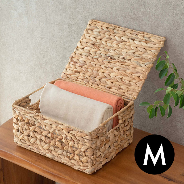かご バスケット ウォーターヒヤシンス Mサイズ ふた付き 約 W 33cm D 26cm H 17cm カゴ 収納かご 収納バスケット 収納ボックス 荷物 おもちゃ 雑貨 衣類 収納 入れ ケース ハンドル 持ち手 付き おしゃれ 北欧 リゾート ナチュラル 西海岸風 塩系