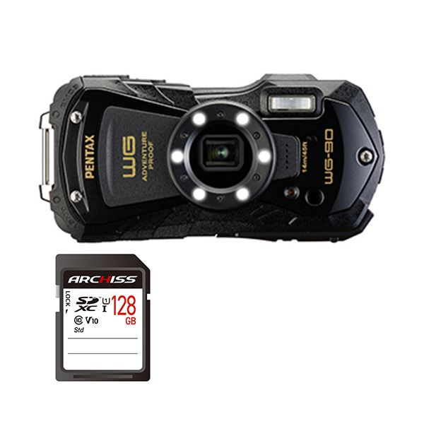 PENTAX デジタルカメラ WG-90 ブラック ＋ 128GB SDXCメモリカード 1セット デジカメ カメラ 写真 PC パソコン 周辺機器 家電(メーカー直送)