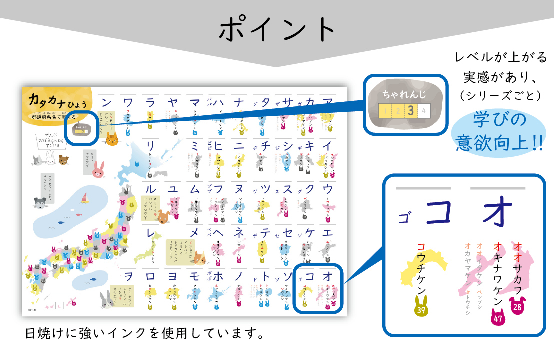 お風呂ポスター 防水 いぬ 60 42cm カタカナ表 ポスター 地図で覚える ノートライフ 日本製 ねこ うさぎデザイン カタカナ