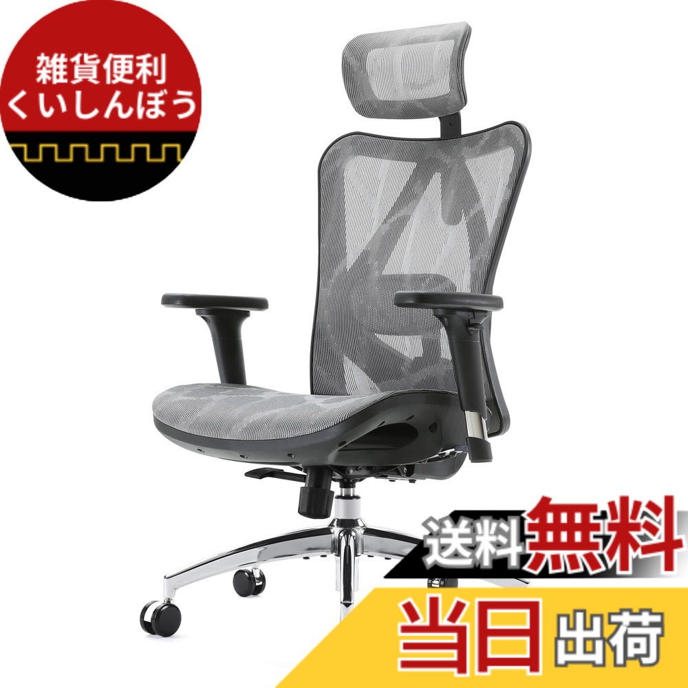 【送料無料】SIHOO M57 メッシュチェア オフィスチェア 人間工学 椅子 疲れない デスクチェア「S字立体背もたれ 3Dアームレスト 可動式ランバーサポート 126°リクライニング 2Dヘッドレスト」pcチェア メッシュ パソコン 人体工学椅 ワーク 事 色：グレー、サイズ：大型