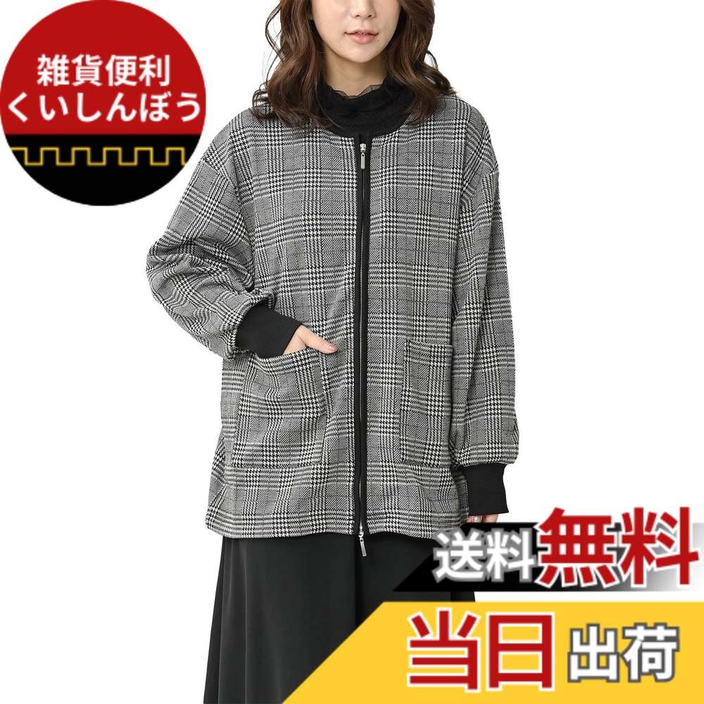 【送料無料】[JANJAM] 大きいサイズ レディース ブルゾン コーディガン 長袖 ジップアップ 千鳥格子柄 裏シャギー アウター 色：ブラック/ホワイト、サイズ：LL