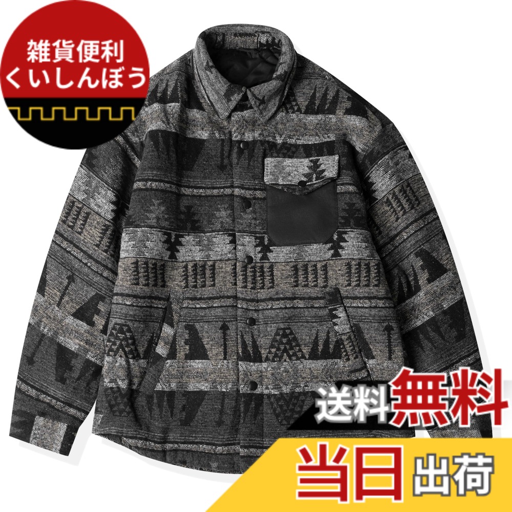 【貨物輸送無料】[CHANGE WELL] メンズ 2025AW アメリカン レトロ 流行り物 冬服 防寒 朦々たる 秋冬アウター 原住民柄 中綿 上衣(BLACK,M)