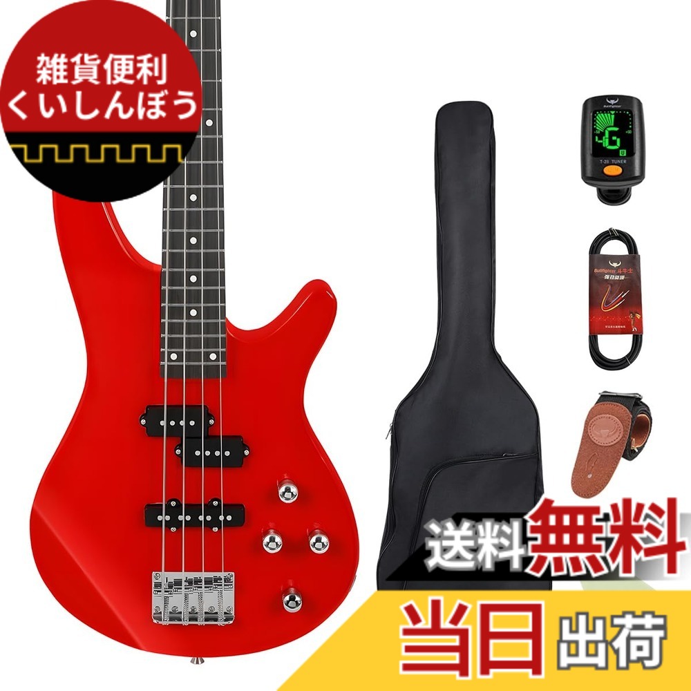 【送料無料】Bullfighter エレキベース 初心者入門セットアクセサリーセット付き、PB PJB 4弦bassエレキベース初心者入門パフォーマンスロック楽器 Bass [ソフトケース/シールド/ストラップ/ピック/調整用レンチ付属] (PJ-Red)