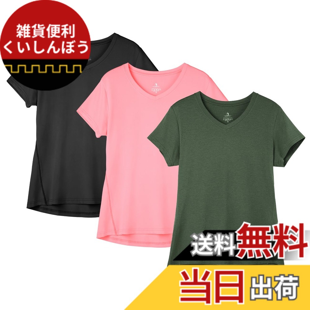 【送料無料】[icyzone] スポーツウェア レディース V ネック Tシャツ ヨガウェア 半袖 ランニングトップス 速乾 通気 カジュアル 大きいサイズ フィットネス アスレチック 3枚入 色：ソリッドブラック/淡いピンク/濃い緑色、サイズ：M