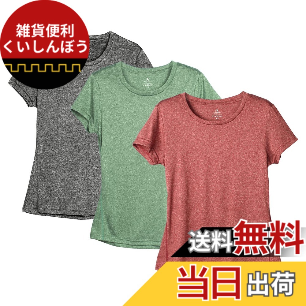 【送料無料】[icyzone] スポーツウェア レディース Tシャツ ヨガウェア ランニングトップス 半袖 速乾 通気 カジュアル 大きいサイズ フィットネス アスレチック 3枚入 色：チャコール/ブルゴーニュ/ターフ グリーン、サイズ：S