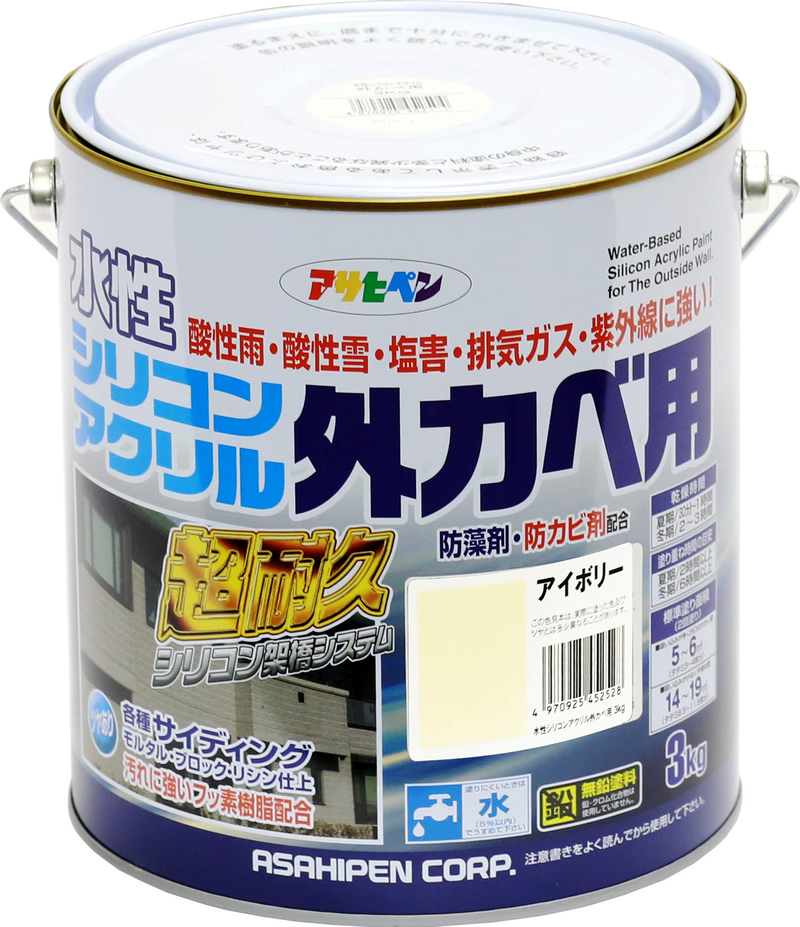 【貨物輸送無料】アサヒペン 絵の具 絵の具 水溶性ケイ素樹脂アクリル繊維外かべ用 3kg 象牙色 水溶性 外壁 ツヤあり 超耐久 風変わりフッ素脂練りあわせる 防菌類 防藻 紫外線落ち込み押しとどめる剤練りあわせる 日本製 色：ベージュ、大きさ：３ＫＧ