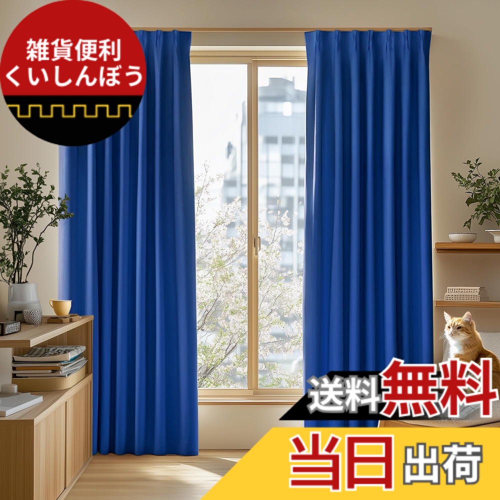 【送料無料】Deconovo カーテン 2枚組 厚手 ドレープ 形態記憶 洗濯OK UVカット 昼夜の視線対策 省エネ 寝室 リビング用 アジャスターフック対応 色：ロイヤルブルー、サイズ：丈230 cm x 幅100 cm (2枚組)
