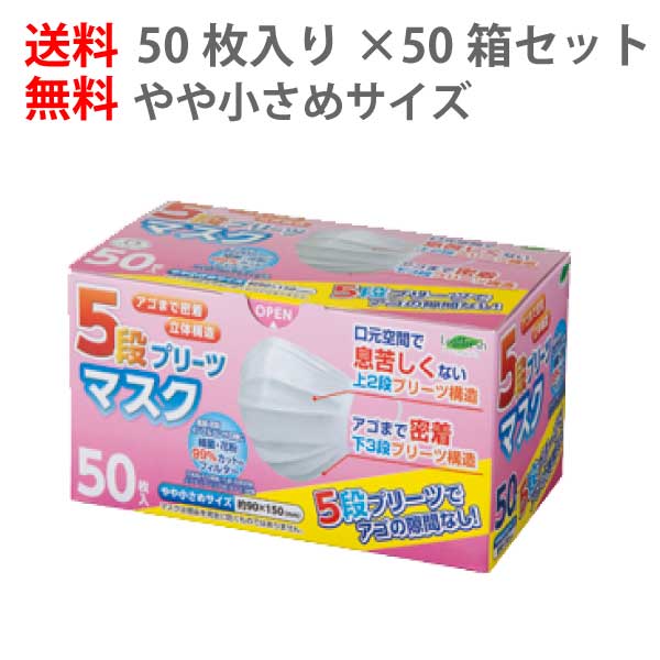 楽天市場 50箱セット 全2500枚 送料無料 5段プリーツ マスク やや小さめ 50枚入り 小さめ 女性 不織布 花粉 乾燥 対策 予防 全国 マスク工業会 使い捨て 立体 大人 快適 睡眠 小さい サージカル ますく 備品 備蓄 女性 子供 子ども 女性用 衛生 15cm まとめ買い 大量購入