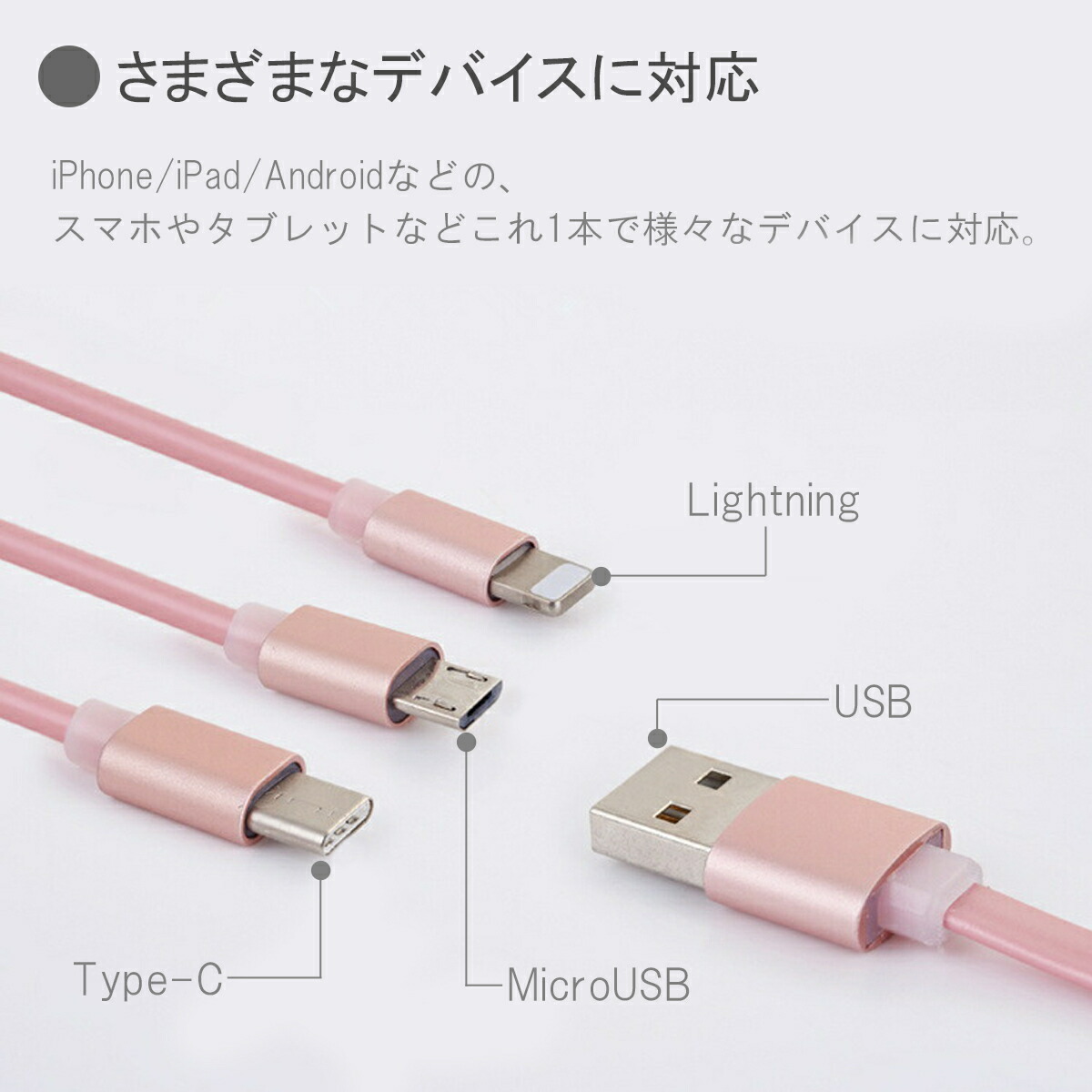 高価値セリー 充電ケーブル 3in1 巻き取り iPhone タイプC lightning スマホ micro usb コード 1m 持ち運び usbケーブル  type-c