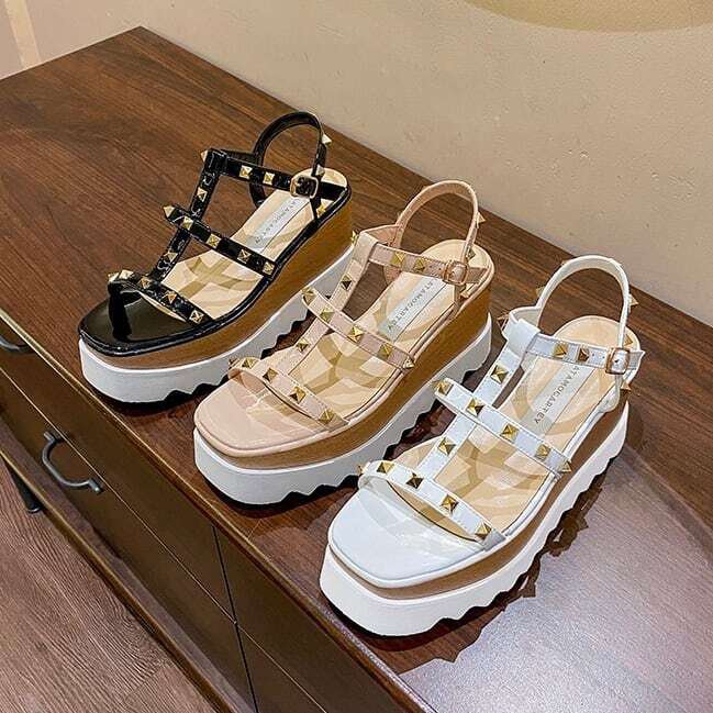 スタッズ 厚底サンダル レディース 全3色 ウェッジソール オープ