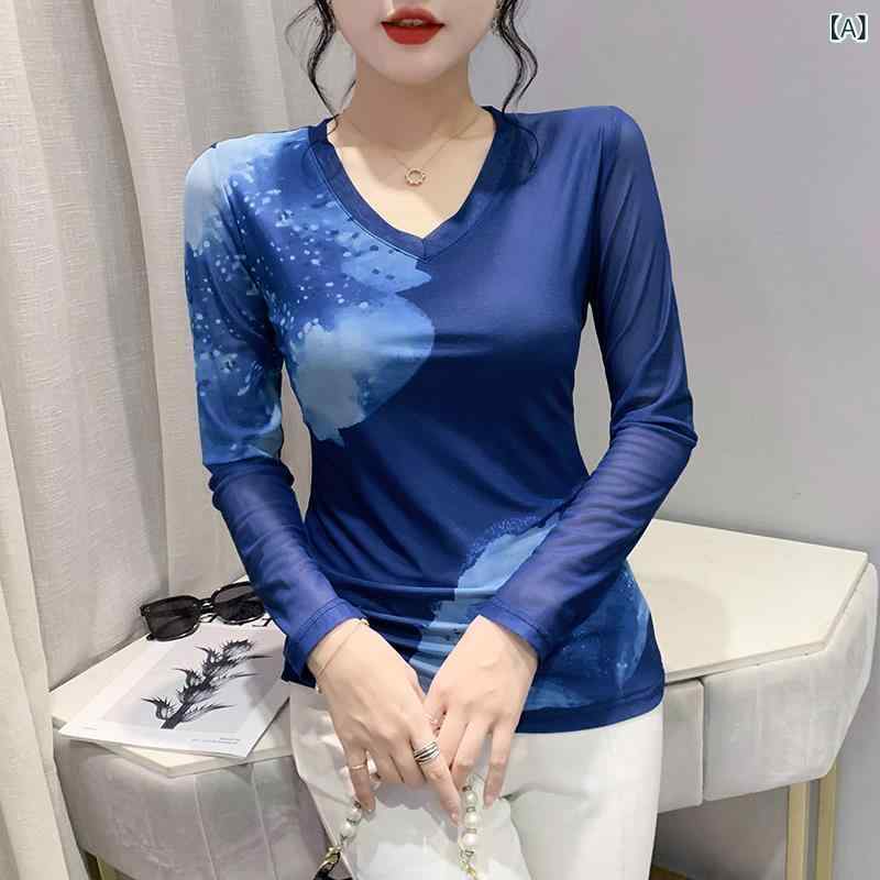 Tシャツ 女性用 長袖 メッシ スリムフィット Vネック レディース