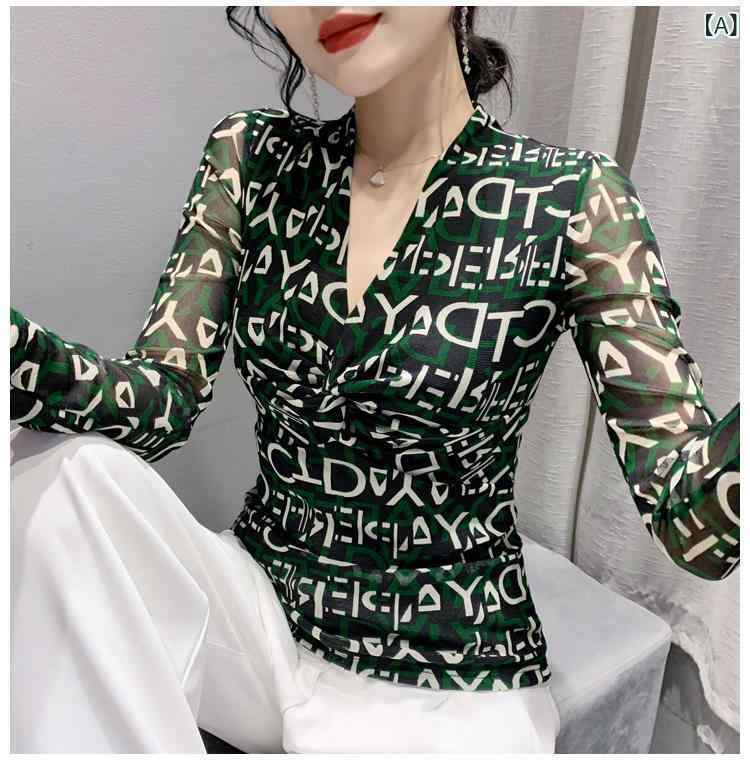 メッシュ素材 シアー 長袖 女性用 Vネック Tシャツ レディース