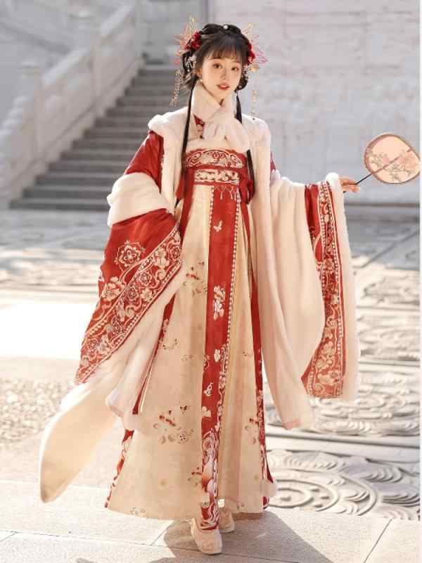 漢服 冬用 花蝶柄 刺しゅう レディース 裏起毛 広広とした捩り 唐風