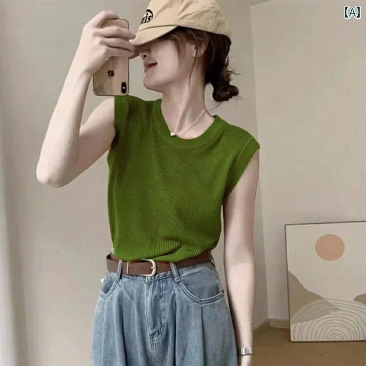 ベスト トップス ニット 女性用 Tシャツ 無地 長袖 ゆったり 半袖 防寒 ニットベスト ノースリーブ アボカド グリーンの 夏の 薄