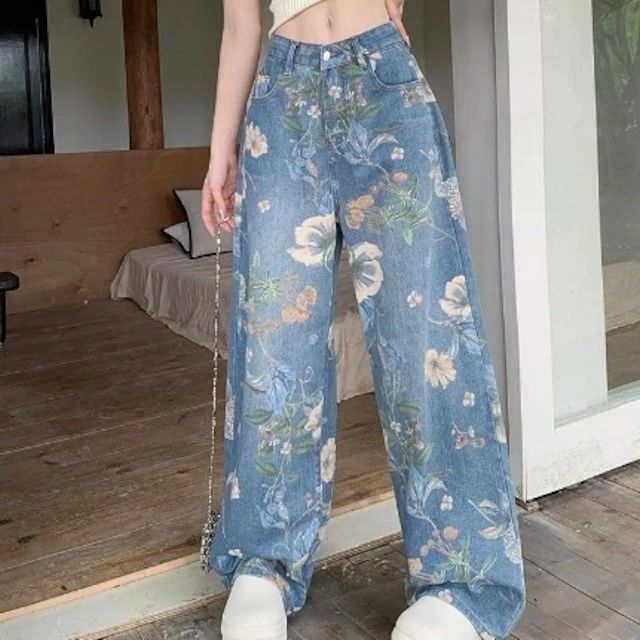 春夏パンツ デニム ジーンズ ロング丈 ワイド ストレート 花柄 ハイウエスト 美脚効果 脚長効果 細見え 夏 おしゃれ かわいい ガ