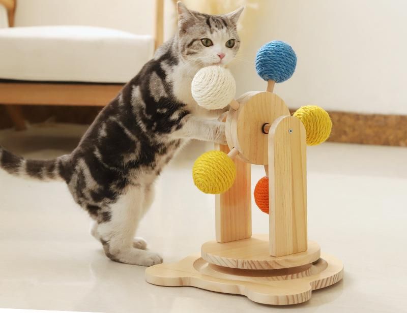 猫 おもちゃ 猫 爪とぎ 縦置き型 爪とぎポール 猫用段ボールつめとぎ 猫用おもちゃ 玉遊び 天然麻紐 木製 玉遊び 観覧車 ターンテーブルおもちゃ 遊ぶ盤付き 小中型猫用 運動不足解消 転倒 安定性 組立簡単 省スペース|ZAX