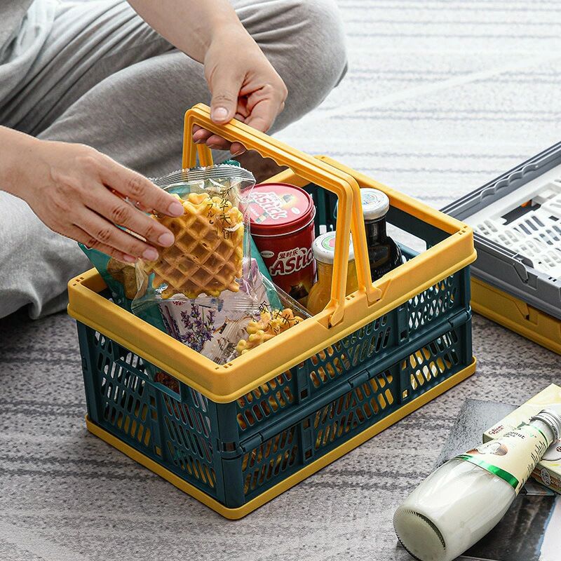 キッチン バイカラー 小物入れ 収納ボックス 収納用品 買い物かご バスケット カゴ 折りたたみ式 持ち手付き｜ZAX