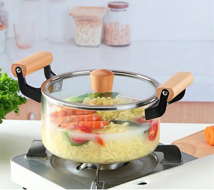 鍋膳立て物の具 熱する能力のあるなクリアストックポット、出どころ食パン 硝子鍋、耐熱硝子鍋 2.5L 4L 5L IH耐熱硝子膳立て鍋 蓋と木製手持ち部分付き添い人澄み切った出どころ食パン、