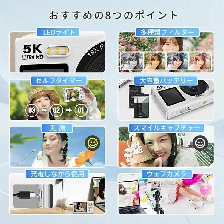 【2025新発売 】デジカメ WIFI対応 デジタルカメラ カメラ 修学旅行 1.5インチ前置ディスプレイ コンデジ 5K8000万画素 スマホに送れる｜ZB Market店