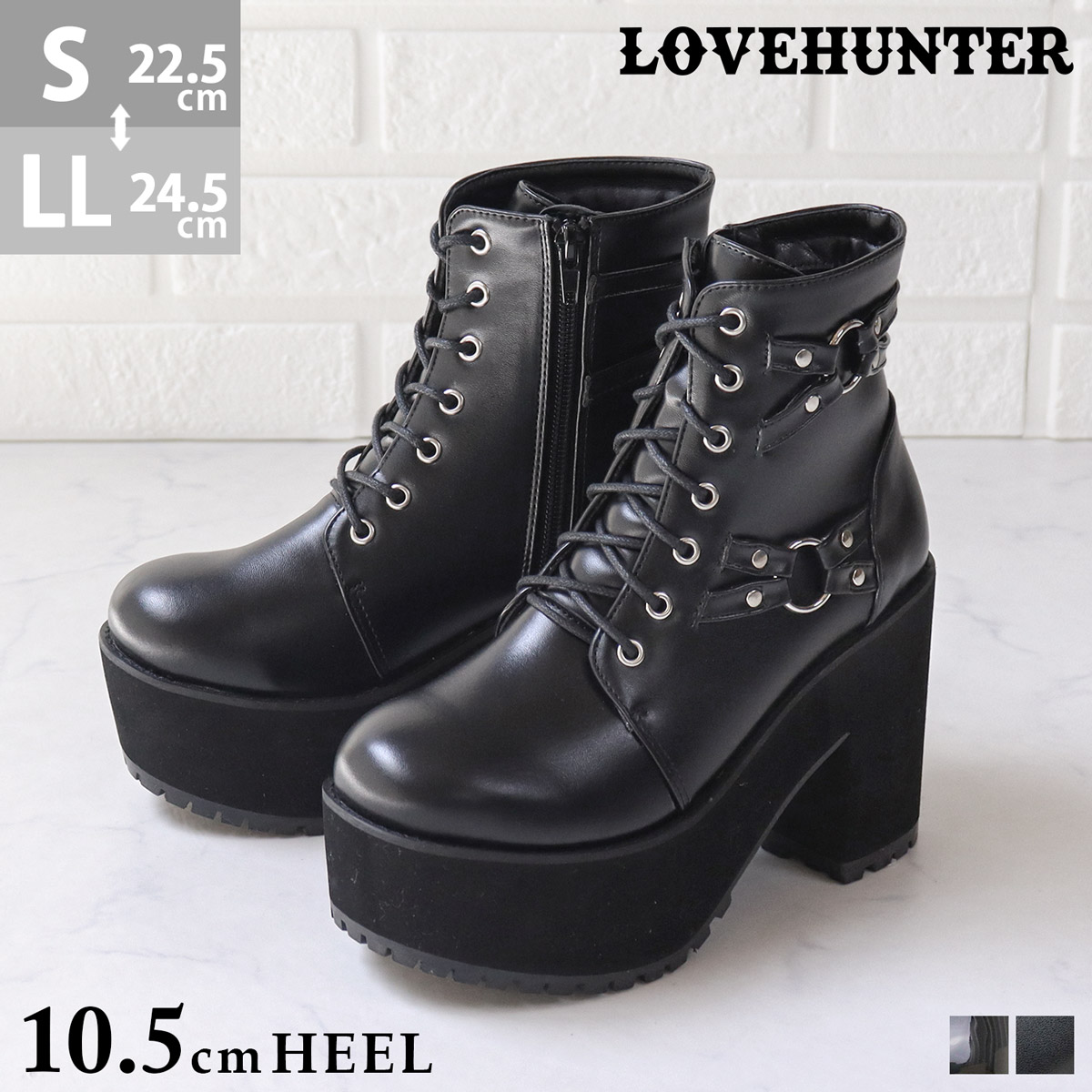 13%OFF 【ラスイチSALE】 ブーツ レディース ショート 厚底 10.5cmヒール ベルト ラウンドトゥ 歩きやすい レースアップ サイドジップ エナメル 黒 ブラック 量産型 地雷系 22.5-24.5cm No.1647 ラブハンター