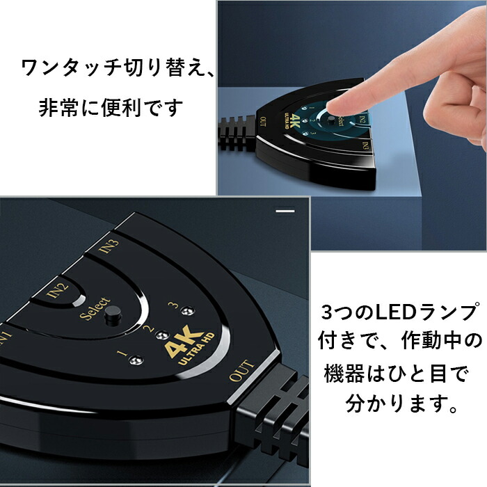 HDMI切替器分配器3チャンネル入力14K/3D/1080P対応ボタン手動切替日本国内動作確認済み