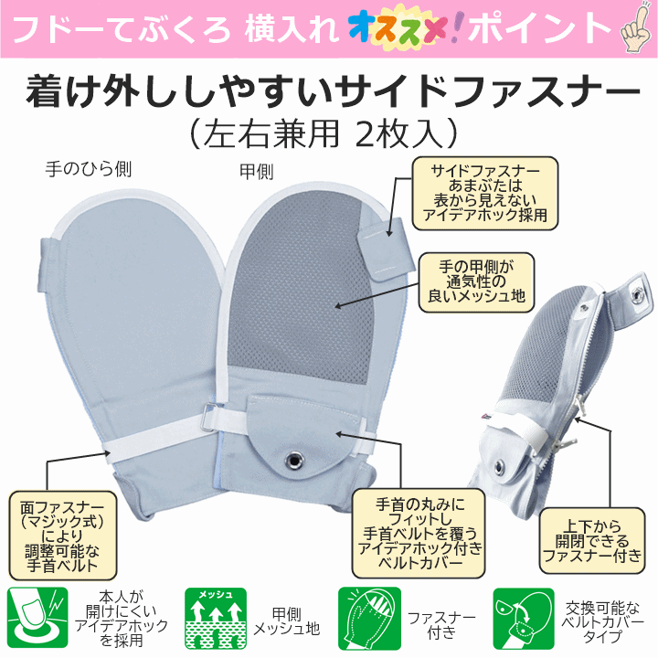 市場 フドーてぶくろ横入れ L テブクロ ミトン ファスナー付 おむついじり 介護用手袋 2枚入 いたずら防止用手袋 医療手袋 1双 両手 寝たきり てぶくろ  介護手袋