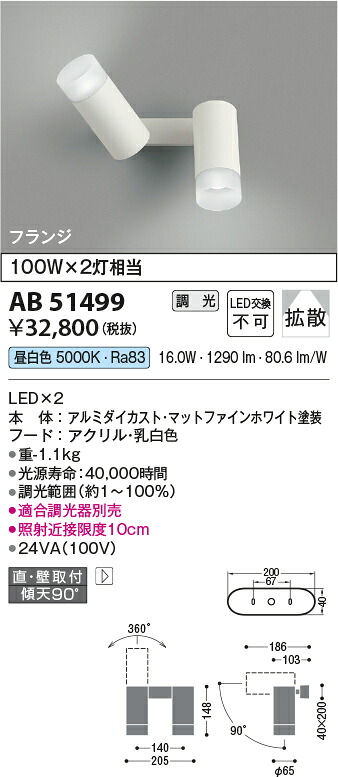 【LEDスポットライト】 【昼白色】 【調光タイプ(調光器別売)】 【直付タイプ】 AB51499