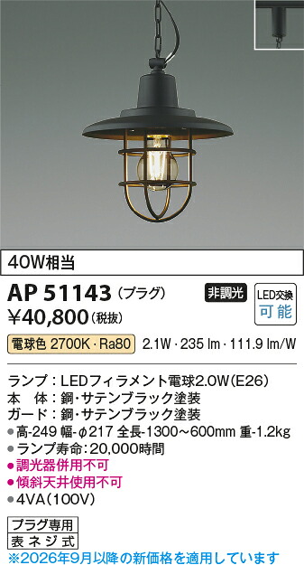 【LEDペンダント】 【電球色】 【on-offタイプ】 【プラグタイプ】 AP51143