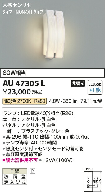 【LEDアウトドアともし火】【防雨型鉤括弧】【白熱電球色 on-off印字機】【人感検出器付】金47305L