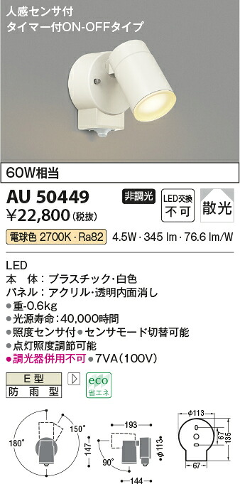 【LEDアウトドア注目の的】【白熱電球色】【タイマー付き添い人on-off印字機】【人感検出器付】金50449