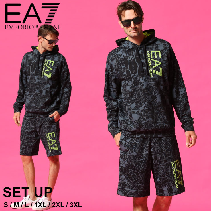エンポリオアルマーニ Ea7 メンズ Emporio Armani セットアップ 総柄 ロゴタイプ プリント スウェット ブランド 上下セット ショートパンツ パーカー スエット Ea3kpm40pja5z 21老い春夏新作 Emporio Armani Ea7 エンポリオアルマーニ メンズ セットアップ
