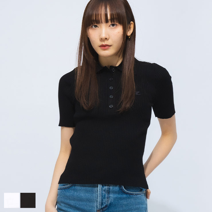 クレージュ courreges リブニット ロゴ刺繍 半袖 ポロシャツ CORVESMPO029F11 courreges (クレージュ) リブニット ロゴ刺繍 半袖 ポロシャツ