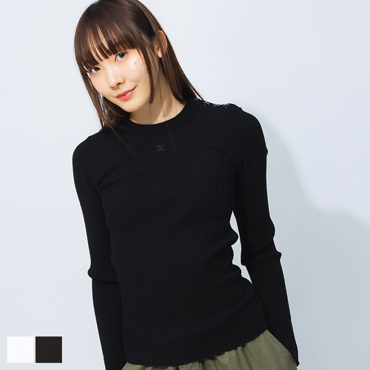 Courreges フランス製 クルーネック リブ ニット セーター 刺繍ロゴ courreges (クレージュ) ショルダースナップ ロゴ刺繍 リブニット