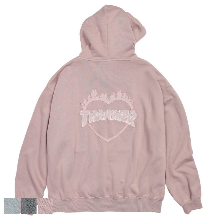 THRASHER (スラッシャー) ピグメント加工 フルジップ パーカー メンズ ユニセックス ダメージ デニムロゴ 裏毛 スウェット