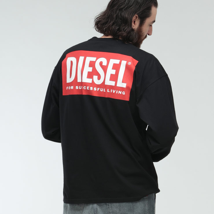 ディーゼル ロンT メンズ DIESEL ロゴ バックBOXロゴ プリント クルーネック 長袖 コットン Tシャツ DSA200370EPCA ブランド トップス ブラック sale_1_b|ゼンオンライン店