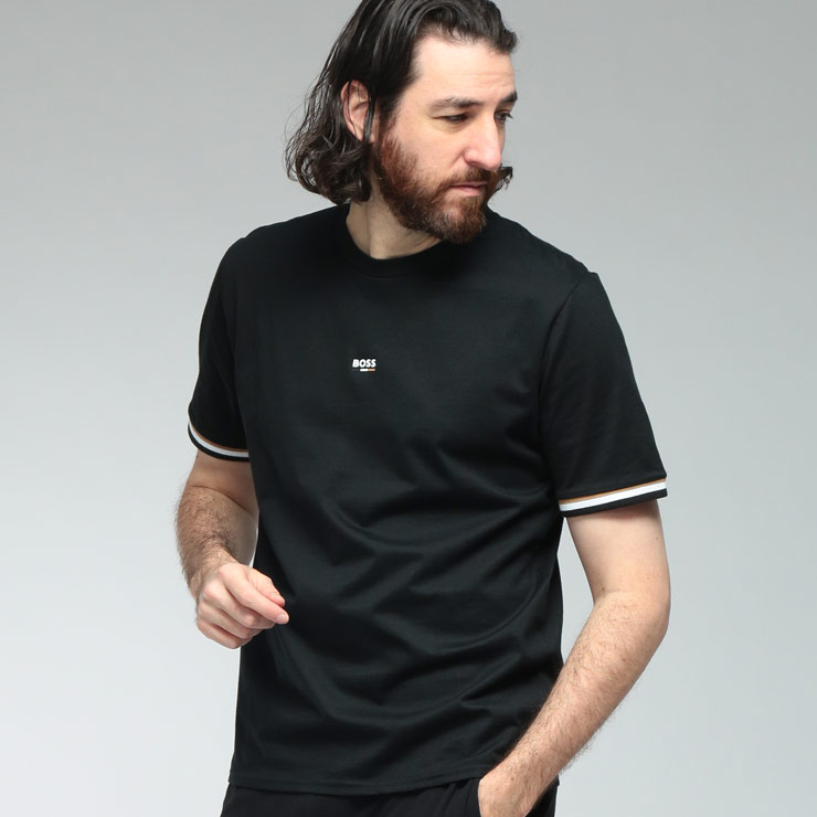 ヒューゴボス メンズ Tシャツ 半袖 HUGO BOSS ロゴ 袖ライン クルーネック カットソー HBU50557198 ブランド トップス ブラック sale_1_a