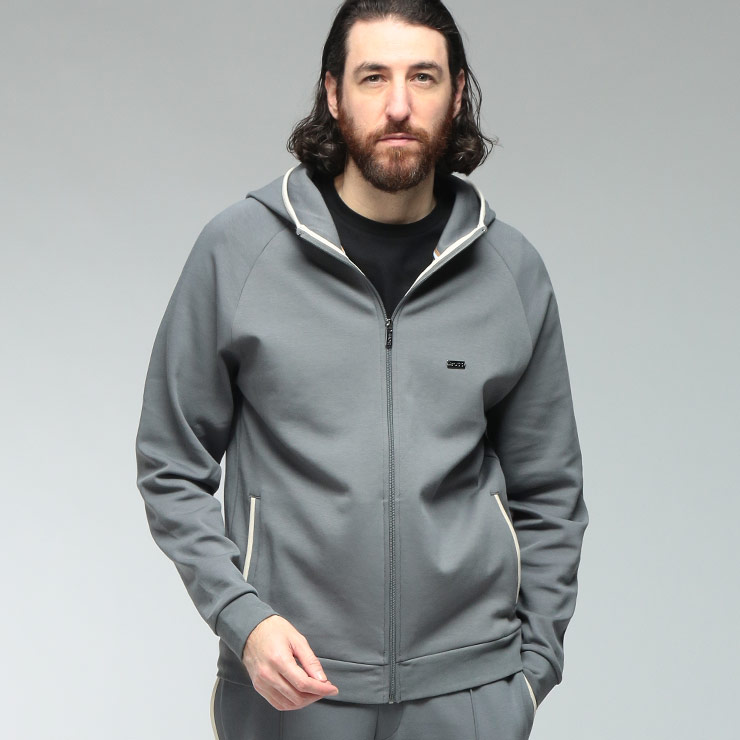 ヒューゴボス メンズ パーカー 長袖 HUGO BOSS ロゴ プレート トリムデザイン フルジップ ジャージ パーカー HBU50557206 ブランド トップス セットアップ可 グレー sale_1_e