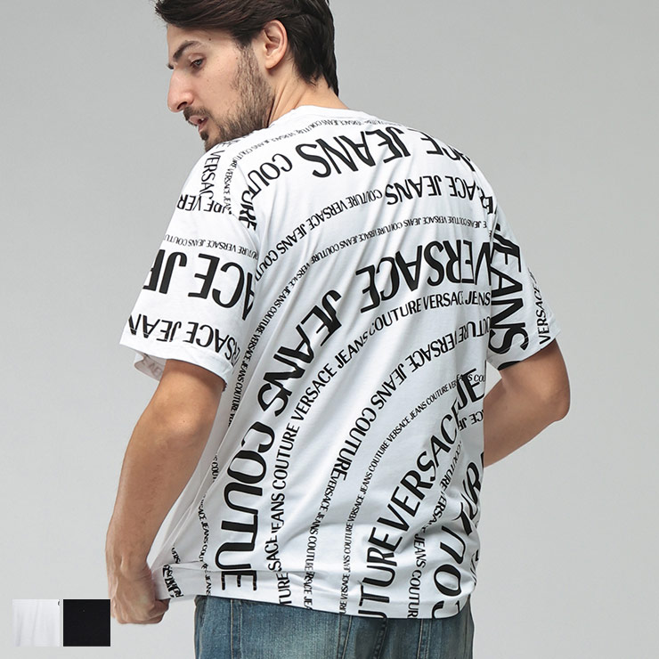ヴェルサーチェ ジーンズ クチュール メンズ Tシャツ 半袖 VERSACE JEANS COUTURE ロゴマニア 切り替え クルーネック カットソー VC80GAH6R1 ブランド トップス ホワイト ブラック sale_1_a