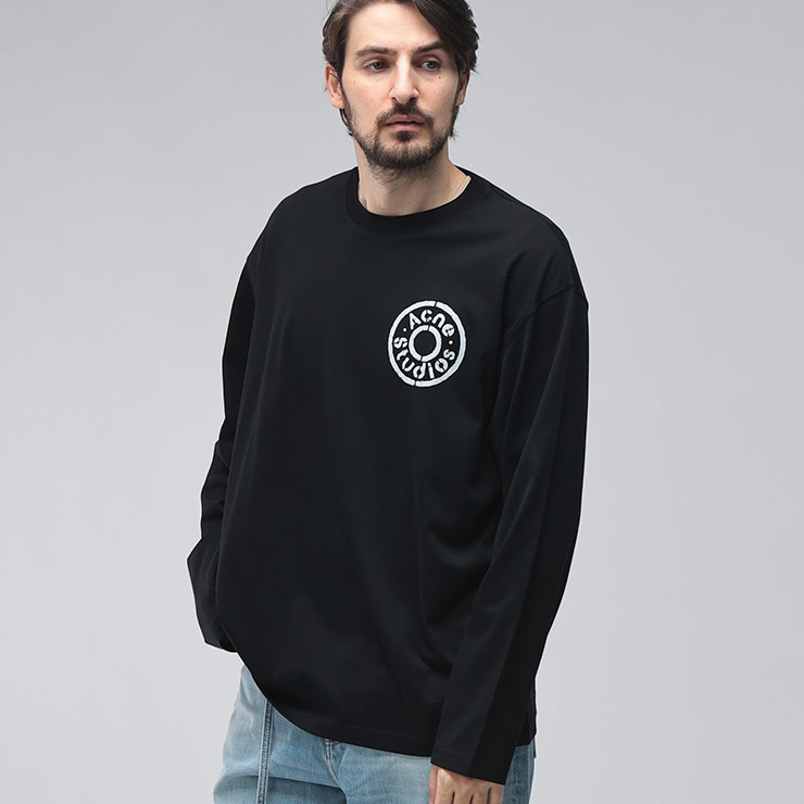 アクネストゥディオズ メンズ Tシャツ 長袖 Acne Studios サークルロゴ プリント クルーネック コットン カットソー ACCL0428 ブランド トップス ブラック sale_1_b