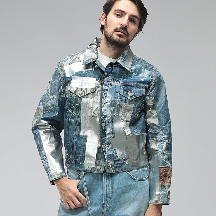 アクネストゥディオズ メンズ ジャケット Acne Studios トロンプルイユ メタリック クロップド丈 デニム ジャケット ACB90886 ブランド アウター ブルー