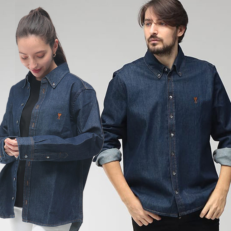 アミパリス メンズ シャツ 長袖 AMI PARIS ロゴ インディゴ ボタンダウン デニムシャツ Ami de Coeur AMUSH786DE0123 ブランド トップス ネイビー sale_1_c|ゼンオンライン店