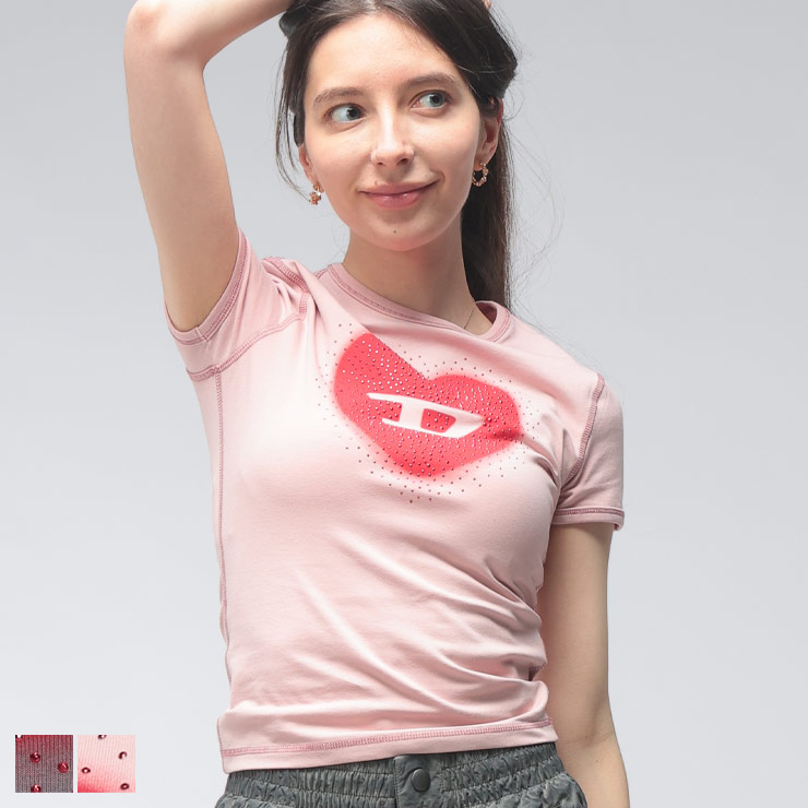 ディーゼル レディース Tシャツ 半袖 DIESEL ロゴ ハート プリント クルーネック カットソー チビT ミニT DSLA209800QHHA ブランド トップス グレー ピンク sale_8_a｜ゼンオンライン店