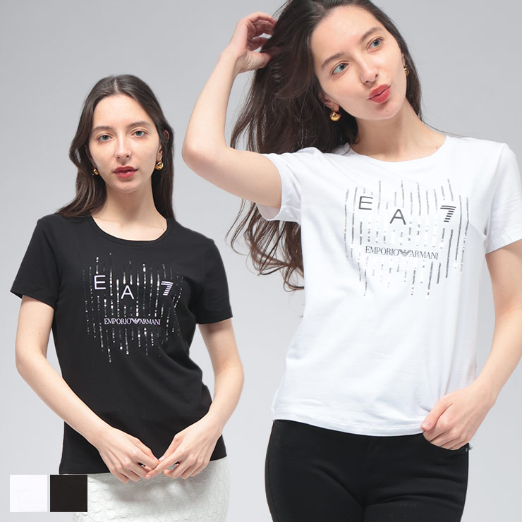 エンポリオアルマーニ EMPORIO ARMANI レディース Tシャツ 半袖 EA7 ビーズデザイン ロゴプリント クルーネック カットソー EA7L1097AF10373 ブランド トップス Tシャツ スポーツ 春 夏