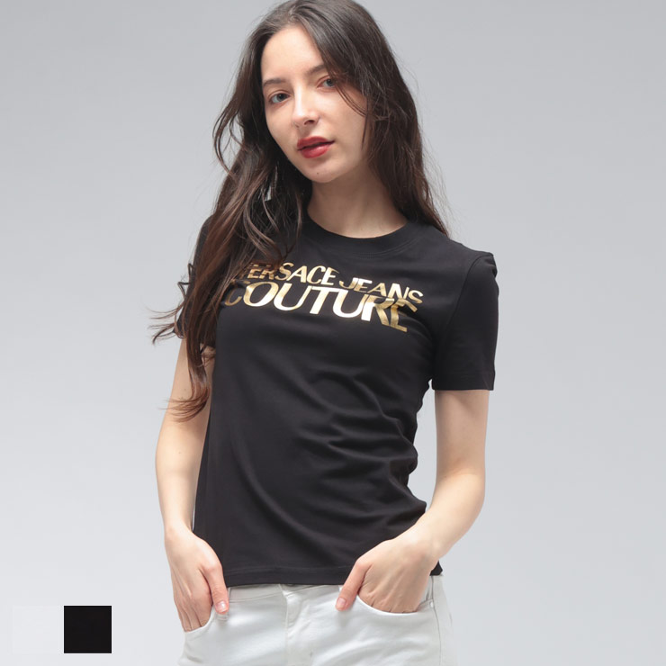 ヴェルサーチェ ジーンズ クチュール VERSACE JEANS COUTURE レディース Tシャツ 半袖 ゴールドロゴ プリント スリム クルーネック カットソー VCL80HAHT00 ブランド トップス Tシャツ ショート丈 春 夏 sale_8_a｜ゼンオンライン店