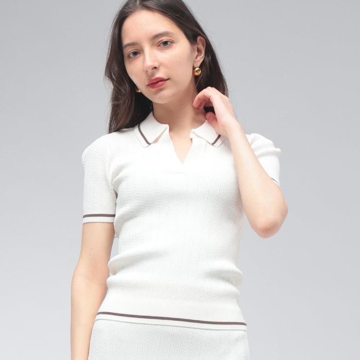 アルマーニ エクスチェンジ ARMANI EXCHANGE レディース ニットポロシャツ 半袖 ラインアクセント Vネック ショート丈 タイト ニットポロ AELXW1897AF1352 ブランド トップス ニットソー カットソー 春 夏