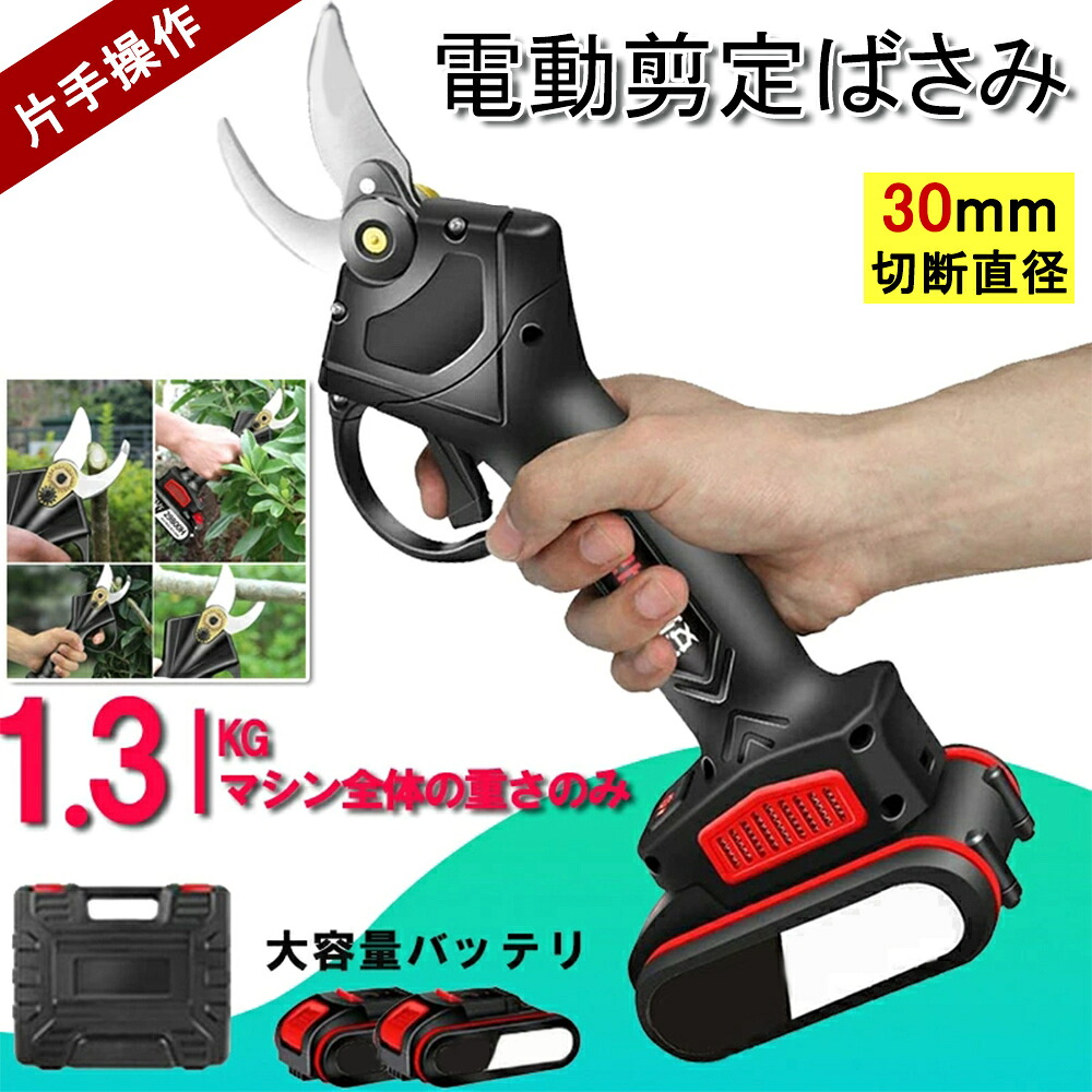 電動 切り下げるばさみ 切り下げるバサミ 申し受ける式 コードレス 切り下げる鋏 蓄電池付き添い人 切りはなす差しわたし30粍 軽さ お上さん 庭木/枝切り/成り物用 園芸用 切り下げる物の具 ガーデニング 植木 盆栽 枝 園芸苑地物の具【蓄電池風呂敷き包み×2個・申し受ける器・入れもの付 日本語取りまわし言いあらわす書付き添い人】