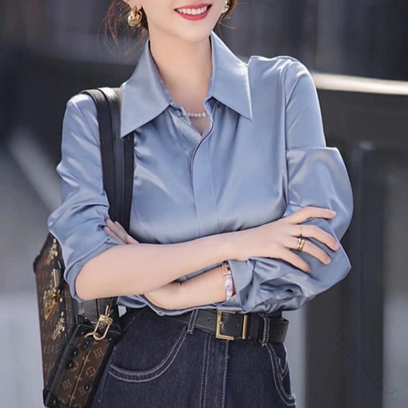 春 コーデ レディース ファッション オシャレ カワイイ シンプル きれいめ ナチュラル 上品カジュアル 婦人服 サテンシャツ スタイリッシュ トップス ブラウス 長袖 シャツ 大人向け上質素材で着心地抜群の春夏用トップス