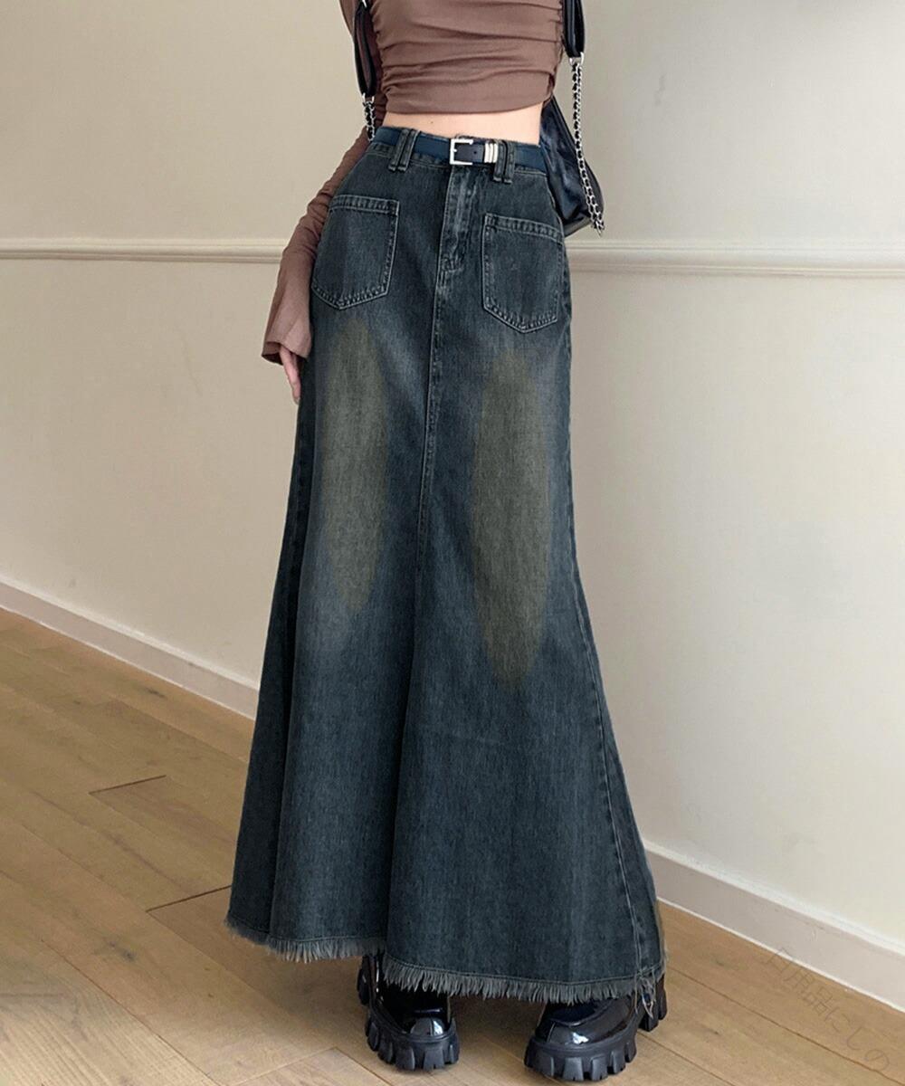 ヴィンテージデニムスカート ハイウエストで美脚効果 チ加工のワンポイント 春夏秋冬季節を問わず活躍 体型カバーで安心 カジュアルからおしゃれまで 履き心地にこだわった定番アイテム