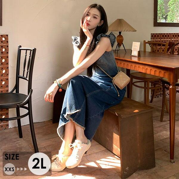 デニムワンピース リゾートワンピース 大人可愛い 夏ワンピース リゾートワンピ ワンピース デニム 夏 ノースリーブ フラッタースリーブ 結婚式 レディース サマー ロングワンピ 体型カバー フレア 海外旅行 小柄 おしゃれ