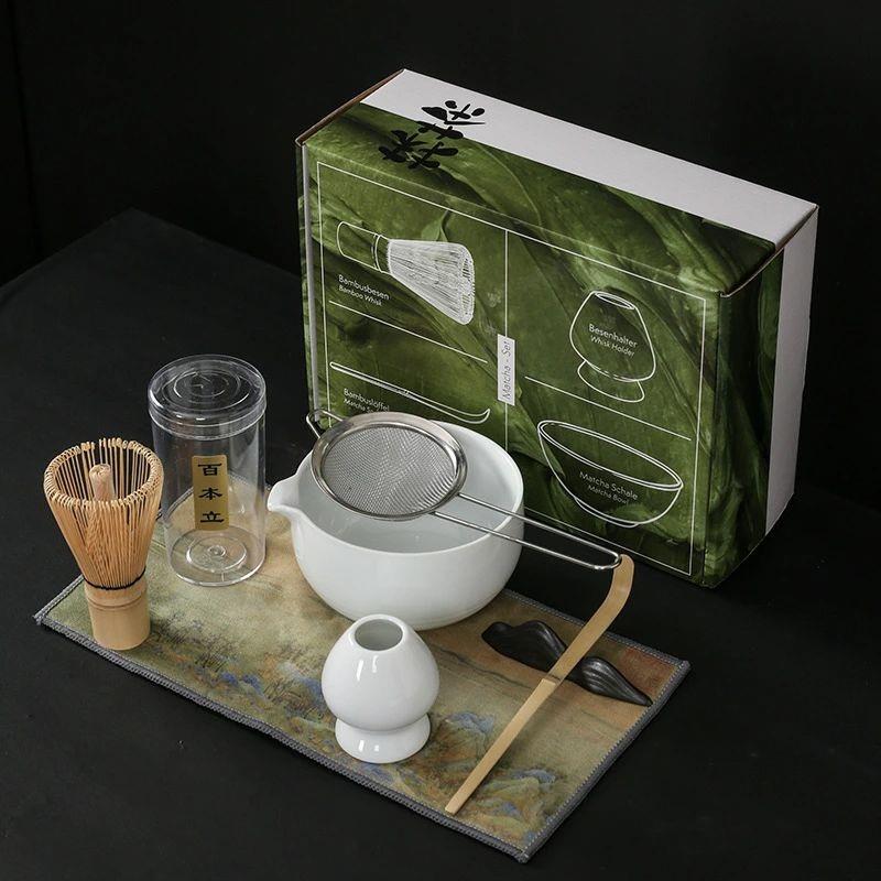 竹製抹茶泡立て器（茶筅） 抹茶泡立て器セット 注ぎ口付き 茶道具。N17、チャコールグレー、抹茶パウダー スコップ（茶杓） 抹茶椀 抹茶泡立て器ホルダー 初心者茶道セット 日本茶セット（7点）